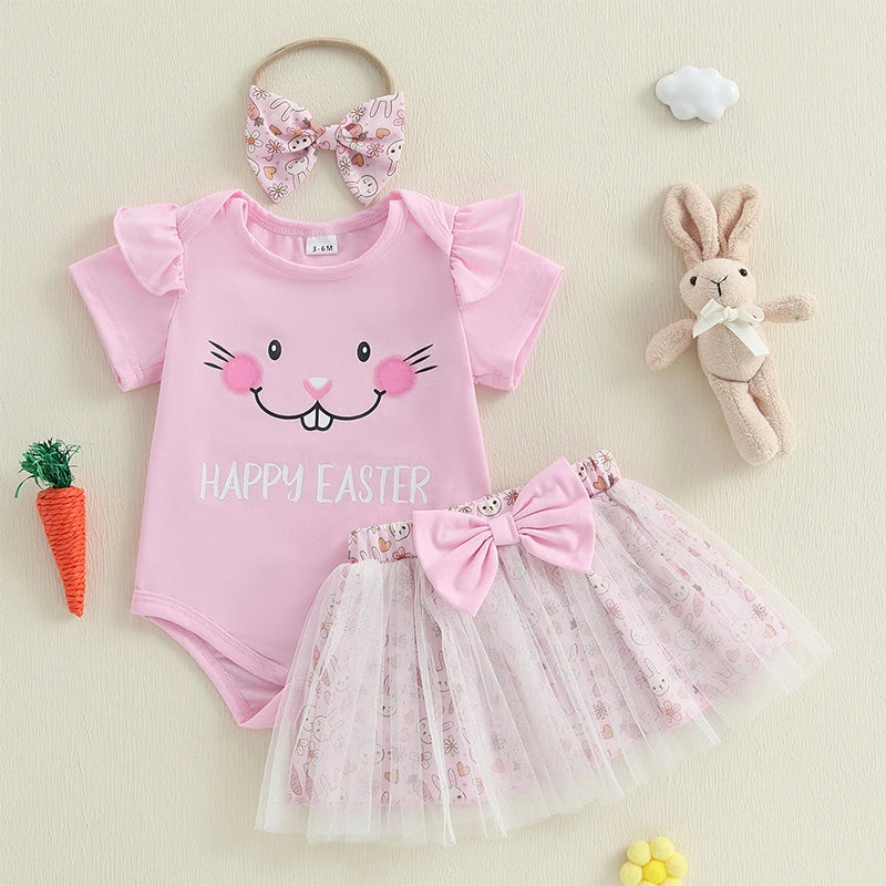 Adorable Baby Girl Easter Outfits with Bunny Print Romper Skirt and Headband - 3 Piece Clothing Set for Spring Celebrations