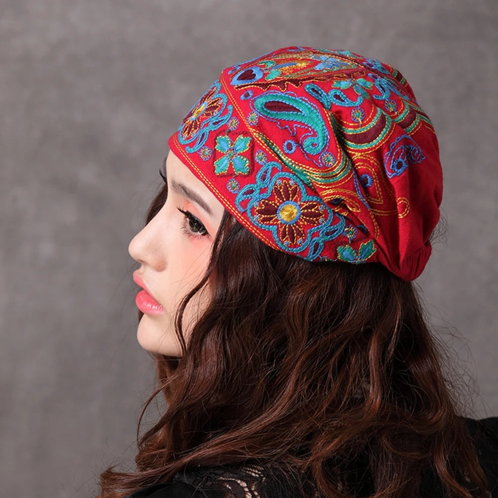 Women Mexican Style Ethnic Vintage Embroidery Flowers Hat Red Print hats for women Beanies Hats