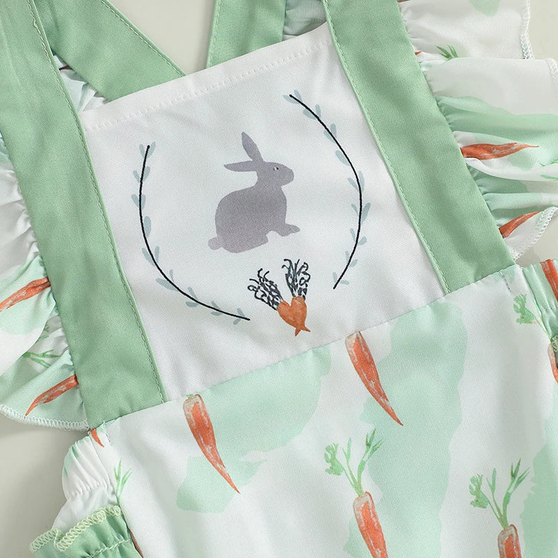 Adorable Infant Easter Jumpsuit with Cute Bunny and Carrot Print Sleeveless Ruffle Square Neck Baby Girl Outfit for Newborns