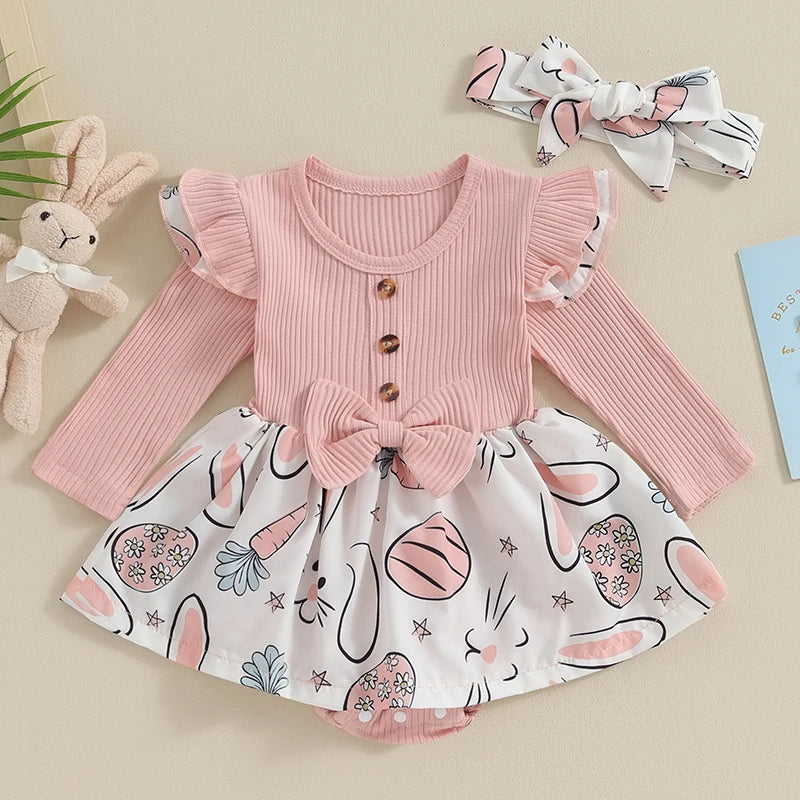Toddler Easter Dress Short Sleeve Floral Print A-line Romper with Bunny Ear Headband Set for Baby Girls Spring Outfit