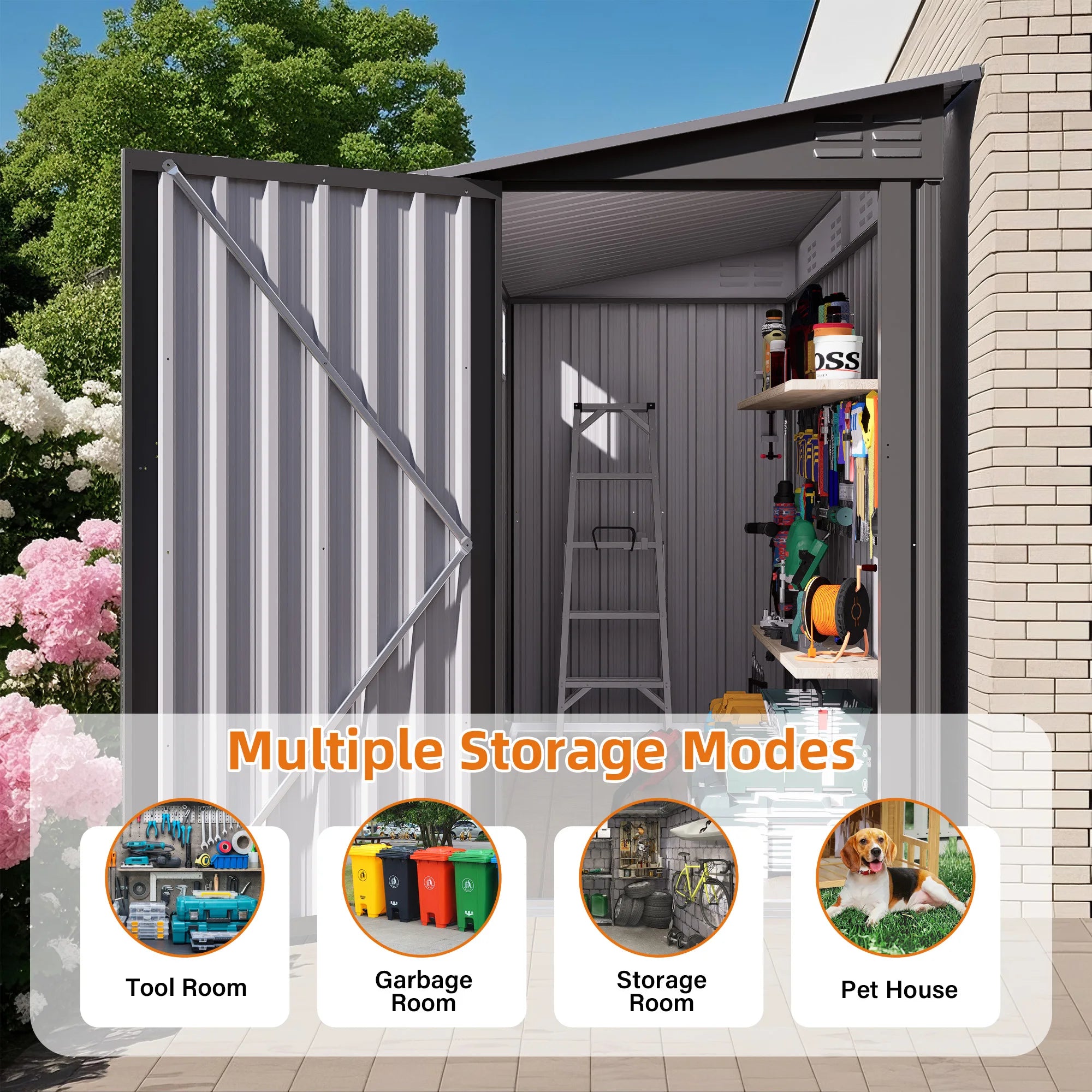 SUSUA 4 x 9 FT Outdoor Storage Shed, Metal Garden Shed Tool House with Sloping Roof,2 vents and 1 Side Open Door for Backyard