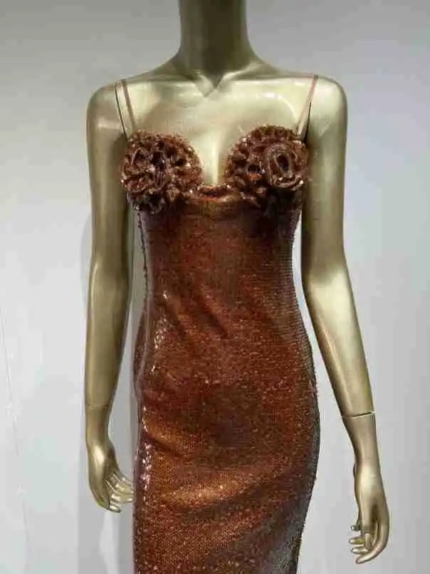 Shiny Brown Sequin Strapless Dress High Street Party Evening Gown Skirt for Women