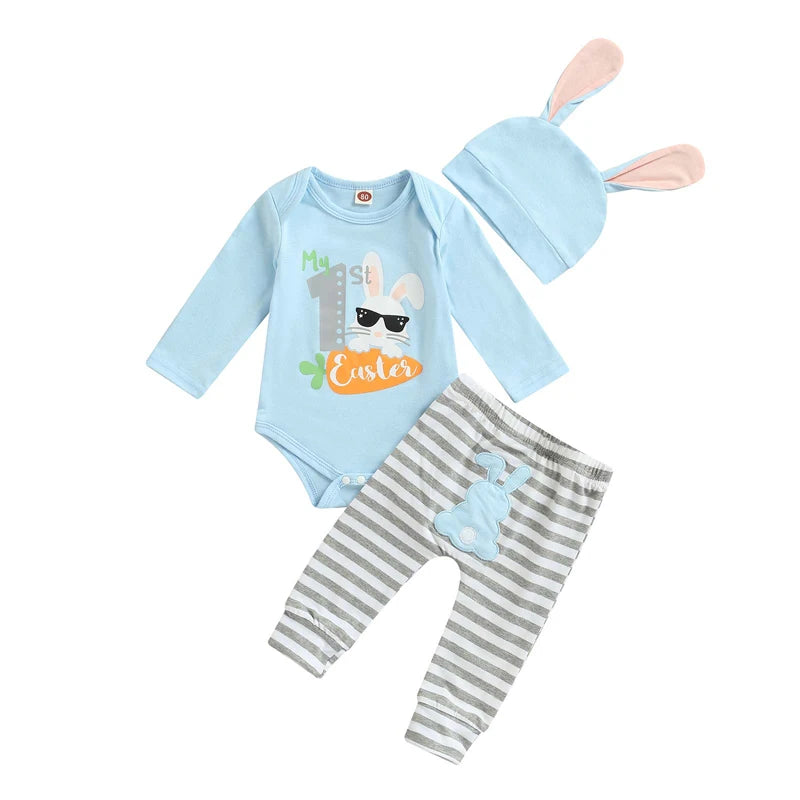 Adorable Infant Easter Outfit 3-Piece Bundle Cute Bunny Print Bodysuit Matching Striped Bottoms Bunny Ear Beanie