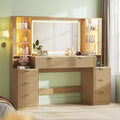 Large 59 Fluted Wood Vanity Desk with LED Mirror & Sound Sync Lights, 8 Drawers, 2 Glass Cabinets, Charging Station, Oak