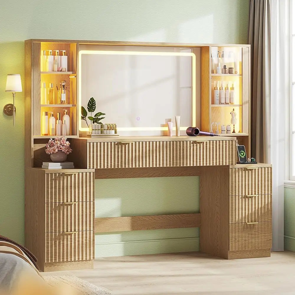 Large 59 Fluted Wood Vanity Desk with LED Mirror & Sound Sync Lights, 8 Drawers, 2 Glass Cabinets, Charging Station, Oak