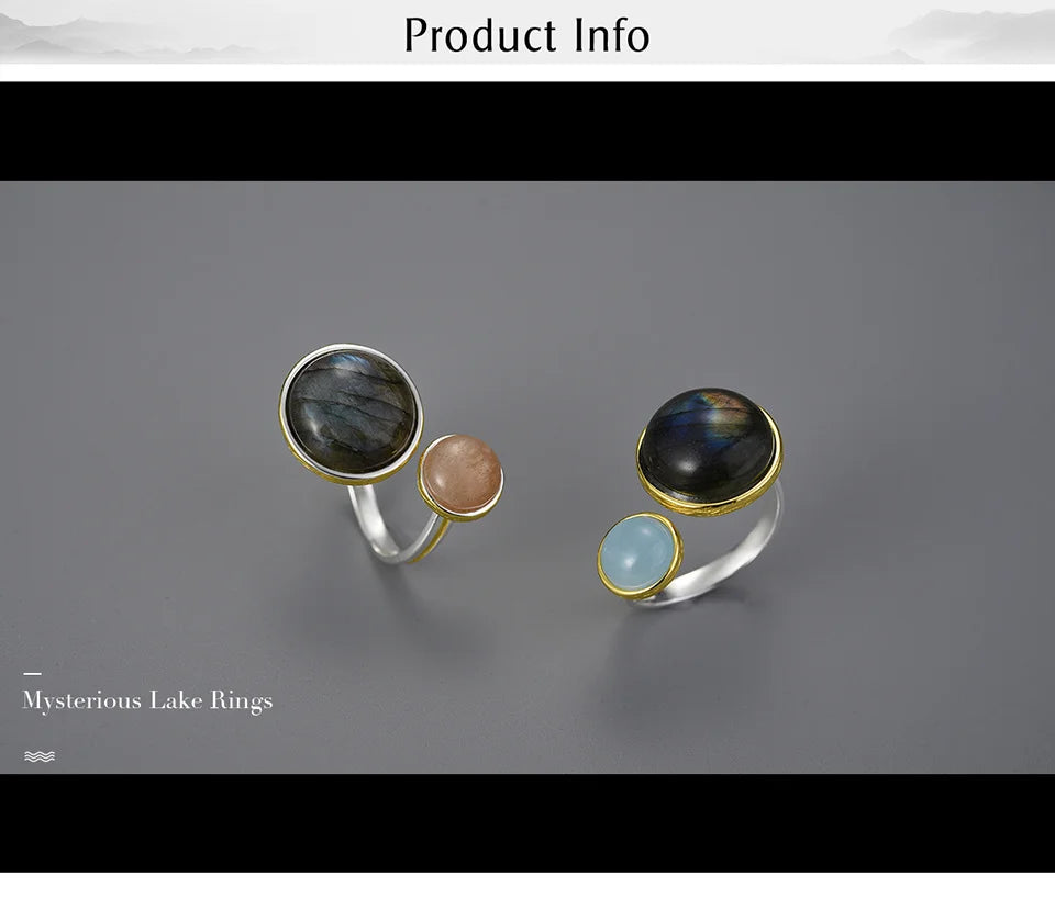 Lotus Fun Real 925 Sterling Silver Natural Labradorite Moonlight Gemstones Ring Fine Jewelry Mysterious Lake Rings for Women