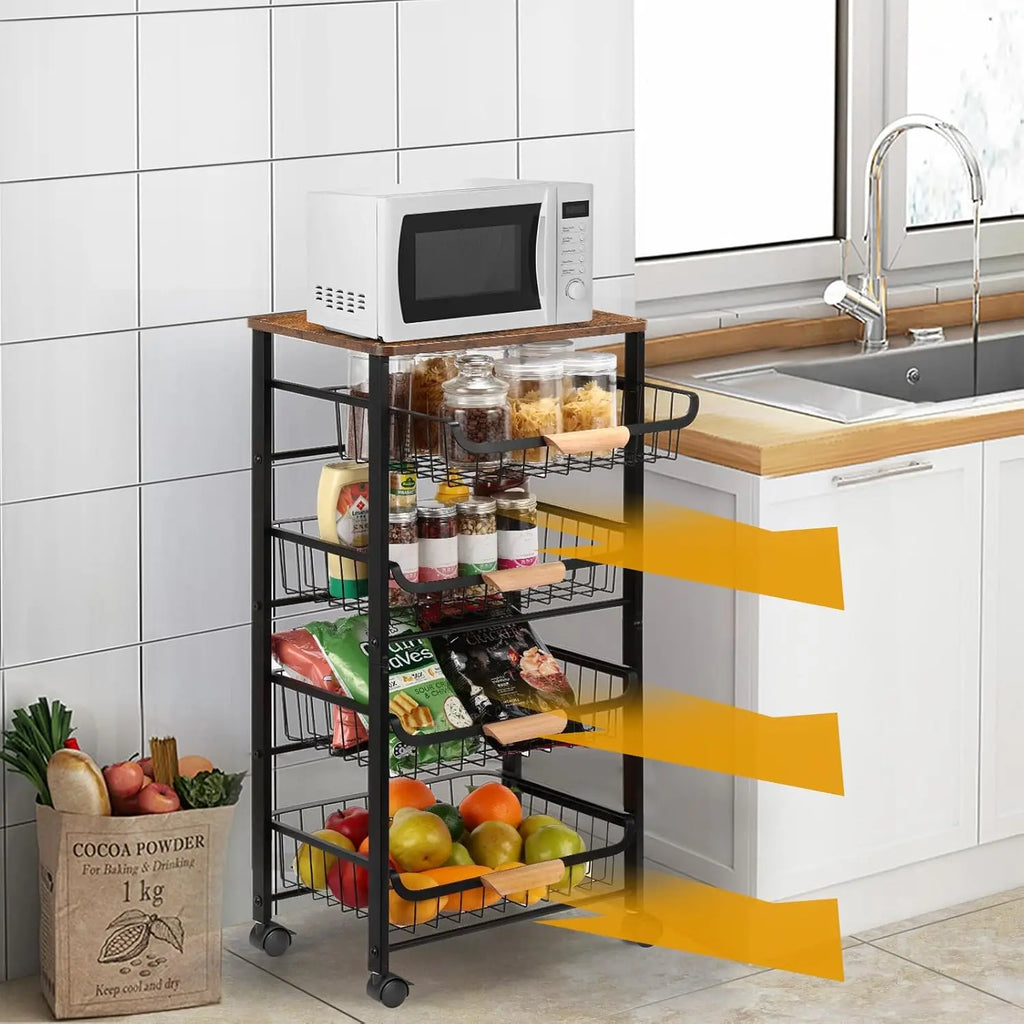 5-Tier Rolling Kitchen Cart with Wooden Top, Metal Mesh Baskets for Fruit Vegetable Storage, Easy Move Wheels