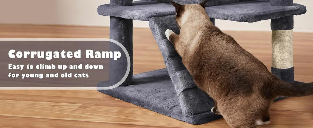54in Cat Tree, Multi-Level Cat Tower With Spacious Kitten-ear Perch, 2 Cozy Caves, Scratching Posts, Climbing Ladder, 2 Plush Ba