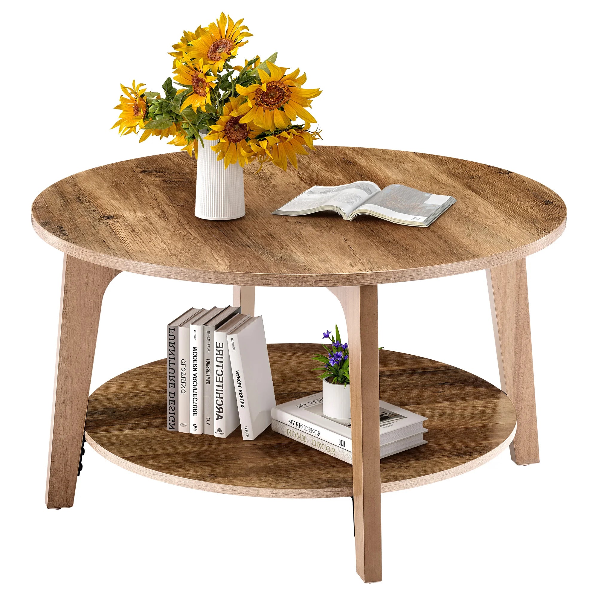 JHK 32IN Wood Round Coffee Table For Living Room 2-Tier Center Counter with Storage 50 lbs Capacity Anti-Slip Feet Modern Design
