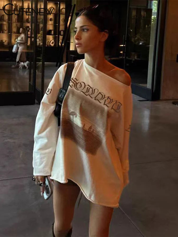 Cutenew Printed Fashion Women T-shirts Autumn New Slash Neck Full Sleeve Oversized Classic Basic Tops Female Street Casual Tees