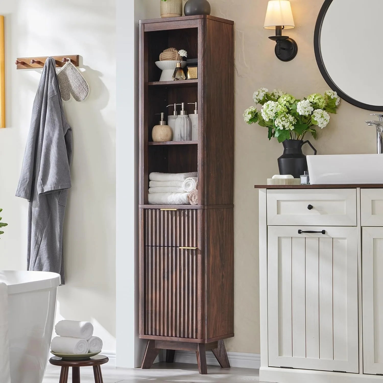 68" Tall Bathroom Narrow Storage Cabinet with Adjustable Shelf and Drawer, Curved Profile Linen Tower for Bathroom, Living Room