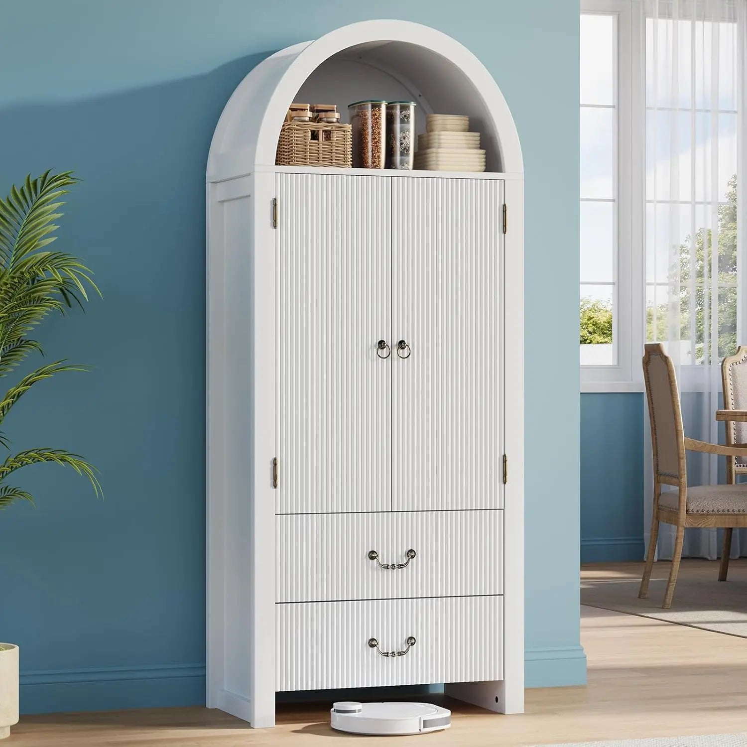 Fluted Arched Cabinet with Doors, Wood Pantry Storage Cabinet with Large Drawers, Modern Versatile Bookcase ,Customized