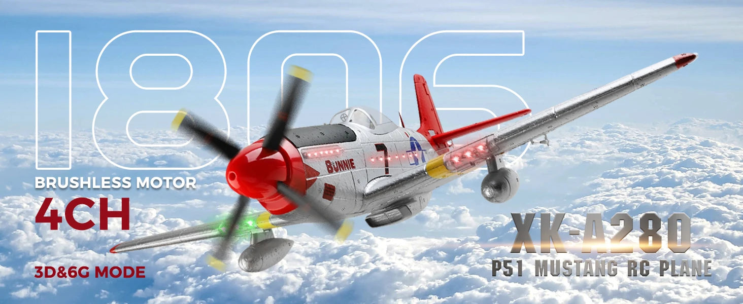 WLtoys XK A280 RC plane,P51 Mustang 4-CH RC Airplane with Lights,6G/3D Brushless Remote Control Airplane,Suitable for adults