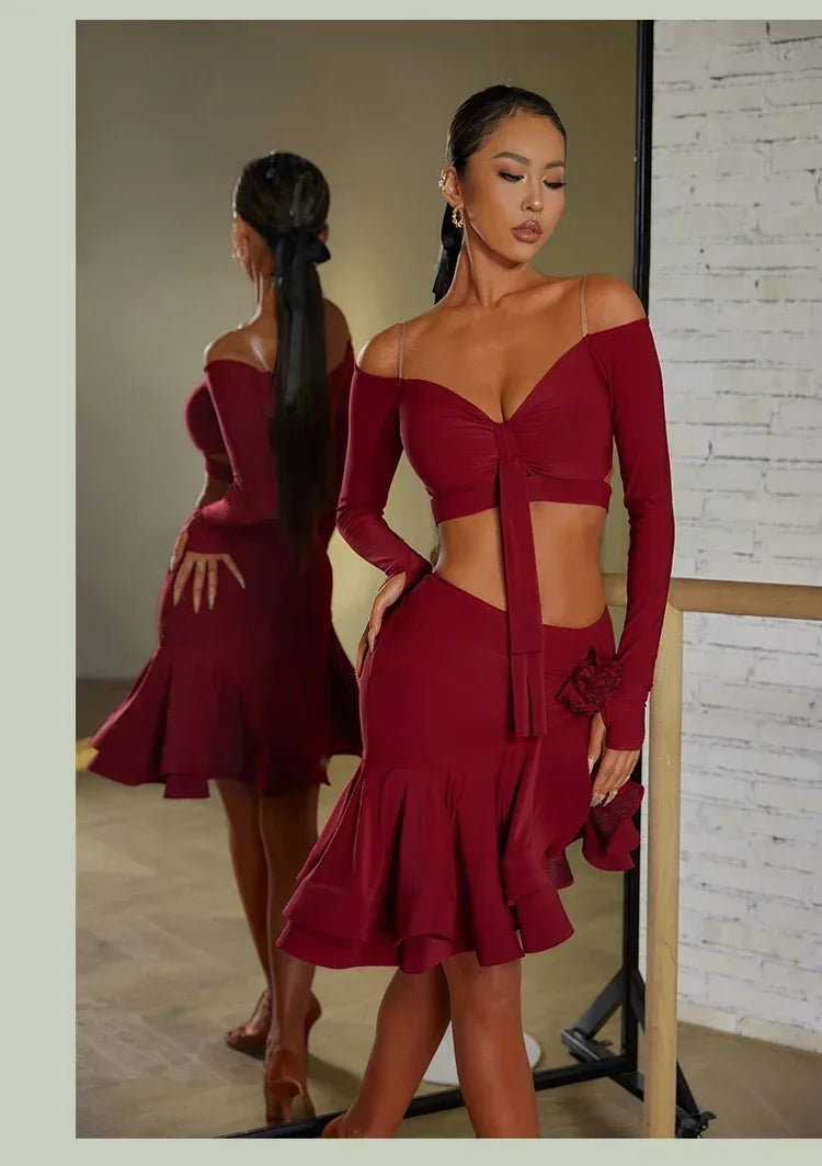 Sexy Off Shoulder Latin Top Ruffled Skirts Latin Dance Costume Stage Performance Clothes Samba Tango Dance Wear Set for Women