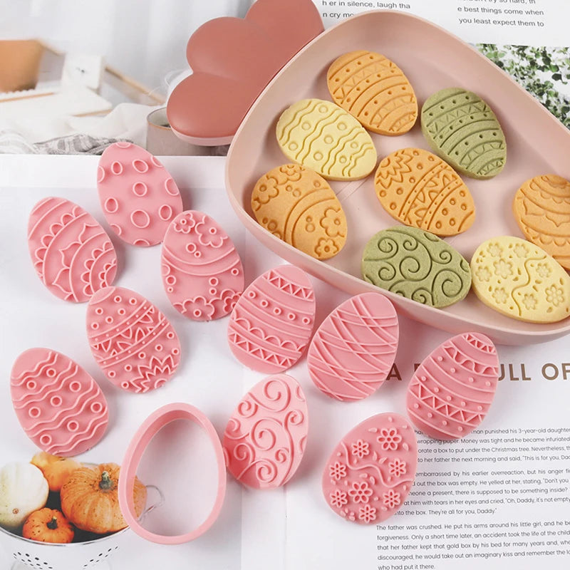 10 Pcs Easter Cookie Cutter Set, 3D Egg Embossing Cookie Cutters, Easter Egg Theme Fun Cookie Molds, For Biscuit Fondant