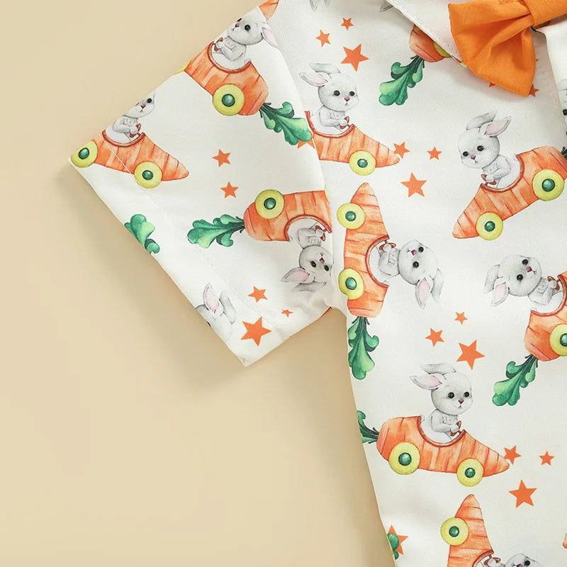Toddler Boy Easter Outfit Bunny Rabbit Print Short Sleeve Button-up Shirt with Bowtie and Solid Shorts 2 Piece Set - Spring