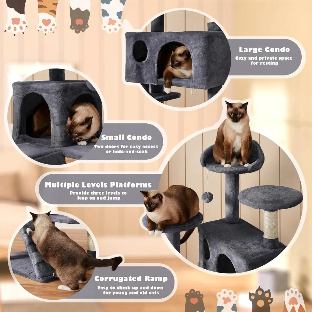 54in Cat Tree, Multi-Level Cat Tower With Spacious Kitten-ear Perch, 2 Cozy Caves, Scratching Posts, Climbing Ladder, 2 Plush Ba