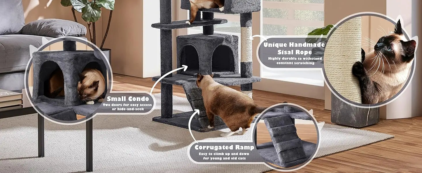 54in Cat Tree, Multi-Level Cat Tower With Spacious Kitten-ear Perch, 2 Cozy Caves, Scratching Posts, Climbing Ladder, 2 Plush Ba