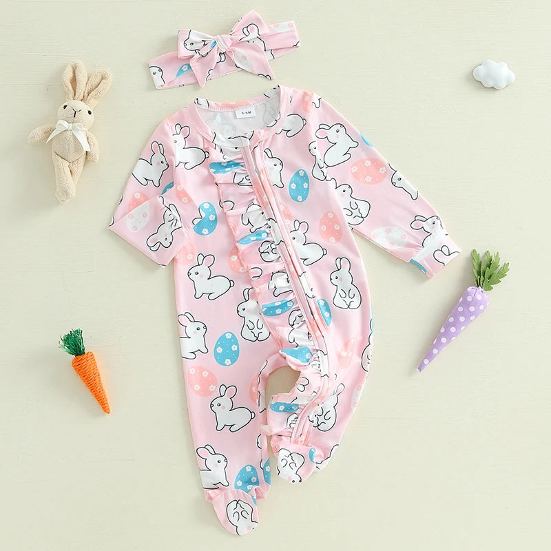 Toddler Girl 2Pcs Spring Outfits Short Sleeve Round Neck Floral Print Romper with Bow Headband Set Infant Clothing for Easter