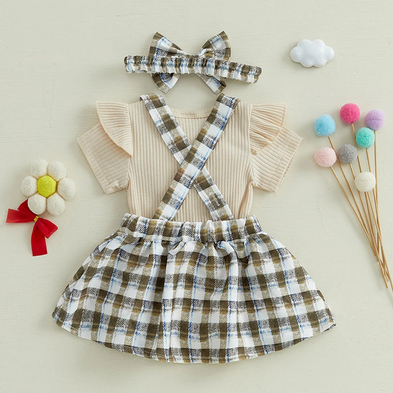 Toddler Girls 3-Piece Spring Outfits Short Sleeve Bodysuit Floral Skirt Headband Set Infant Clothes for Easter Party