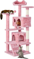 54in Cat Tree, Multi-Level Cat Tower With Spacious Kitten-ear Perch, 2 Cozy Caves, Scratching Posts, Climbing Ladder, 2 Plush Ba