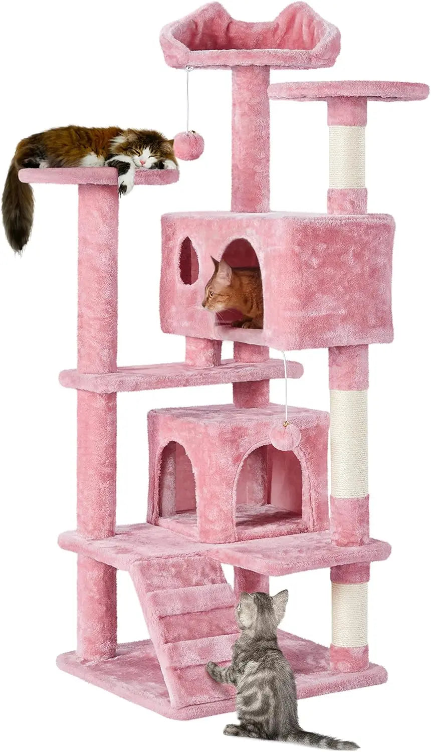 54in Cat Tree, Multi-Level Cat Tower With Spacious Kitten-ear Perch, 2 Cozy Caves, Scratching Posts, Climbing Ladder, 2 Plush Ba