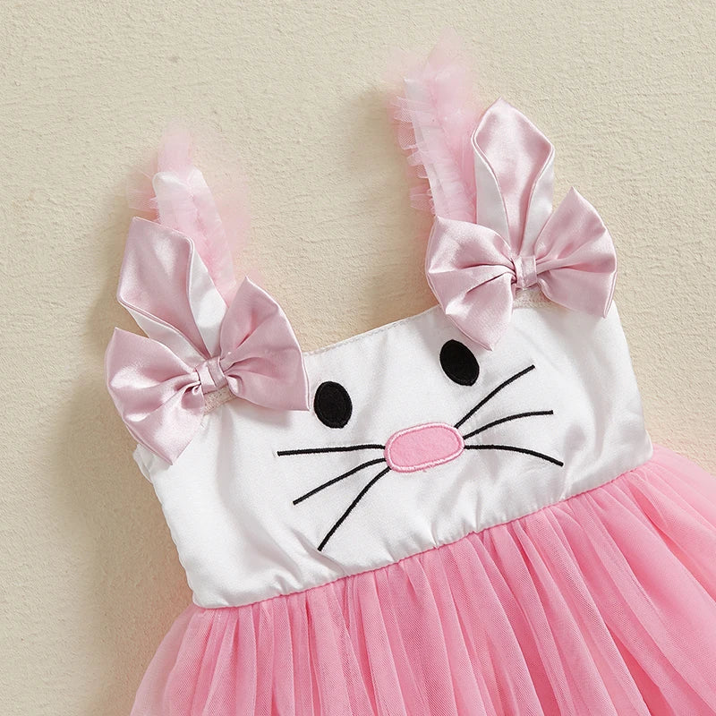 Adorable Baby Girls Easter Outfit Sleeveless Bunny Print Suspender Dress with Tulle Skirt for Spring and Summer Celebrations