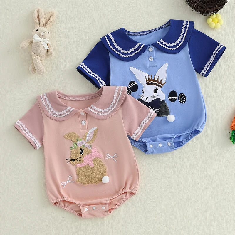 Adorable Infant Easter Jumpsuit with Sweetheart Neckline and Bunny Appliqué Short Sleeve Newborn Sailor Romper Outfit