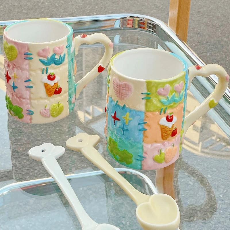 500 ML Large Capacity Coffee Mug Household High Beauty Cute Ceramic Breakfast Milk Cup Creative Relief Water Cups Birthday Gift