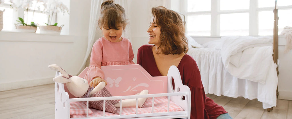 Robotime Baby Doll Crib Wooden Toy Baby Crib with Storage Bedding Wooden Hooks Doll Crib Fits Dolls up to 21" for Girls 3+ Pink