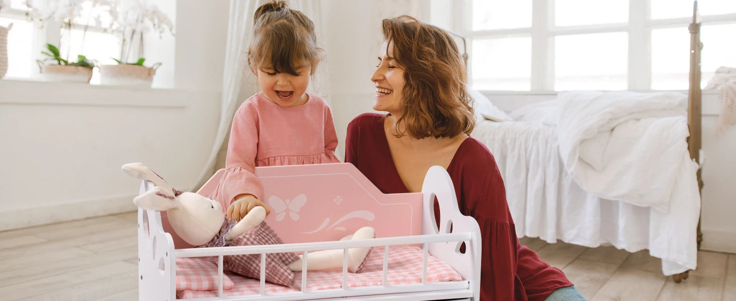 Robotime Baby Doll Crib Wooden Toy Baby Crib with Storage Bedding Wooden Hooks Doll Crib Fits Dolls up to 21" for Girls 3+ Pink