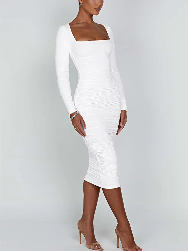 Autumn and Winter Women Sexy Bodycon Dress Square Neck Long Sleeved Ladies Evening Dresses