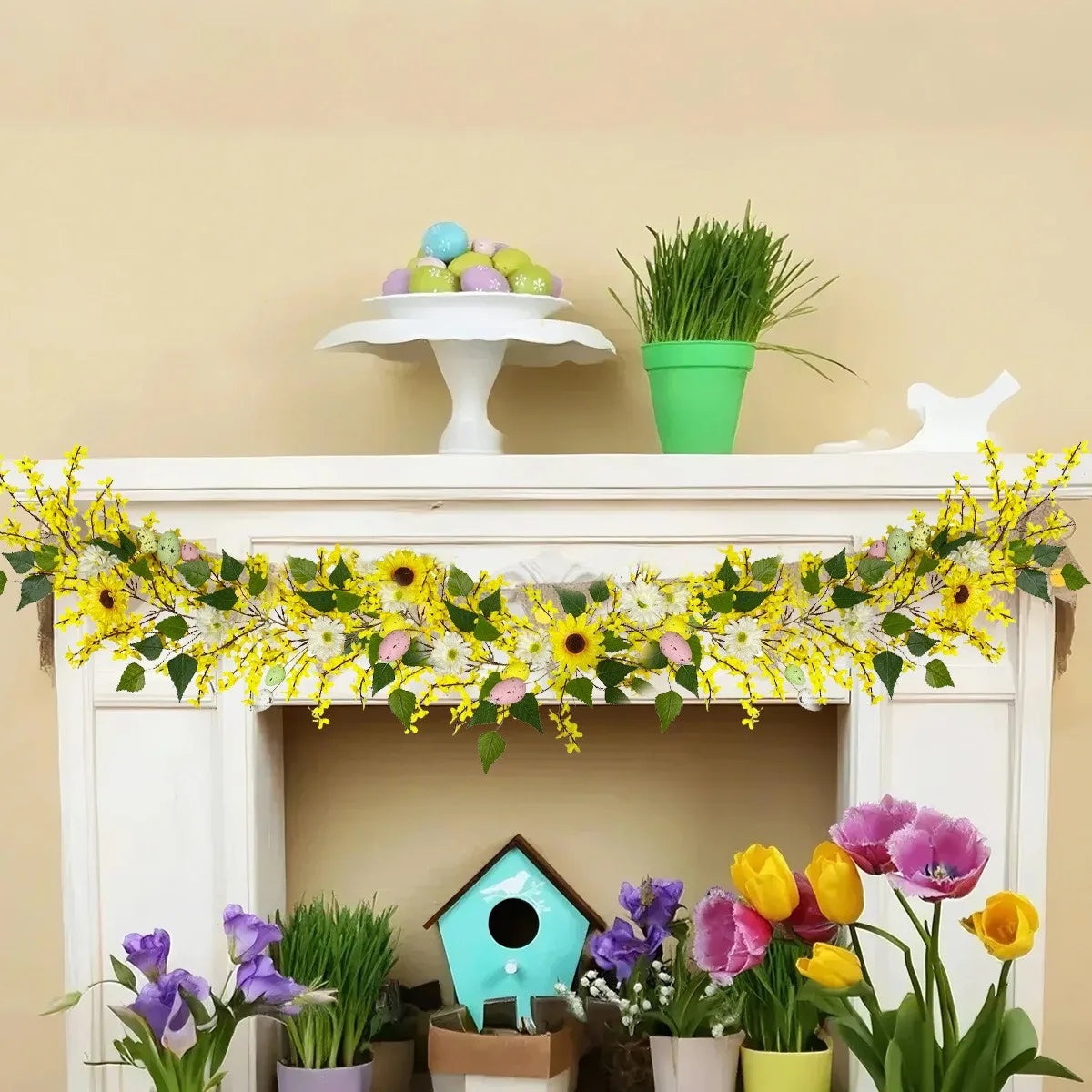 4.9ft Easter Egg Garland Easter Front Door Garland Spring Hanging Sunflower Flowers Vine Easter Hanging Tree Garland
