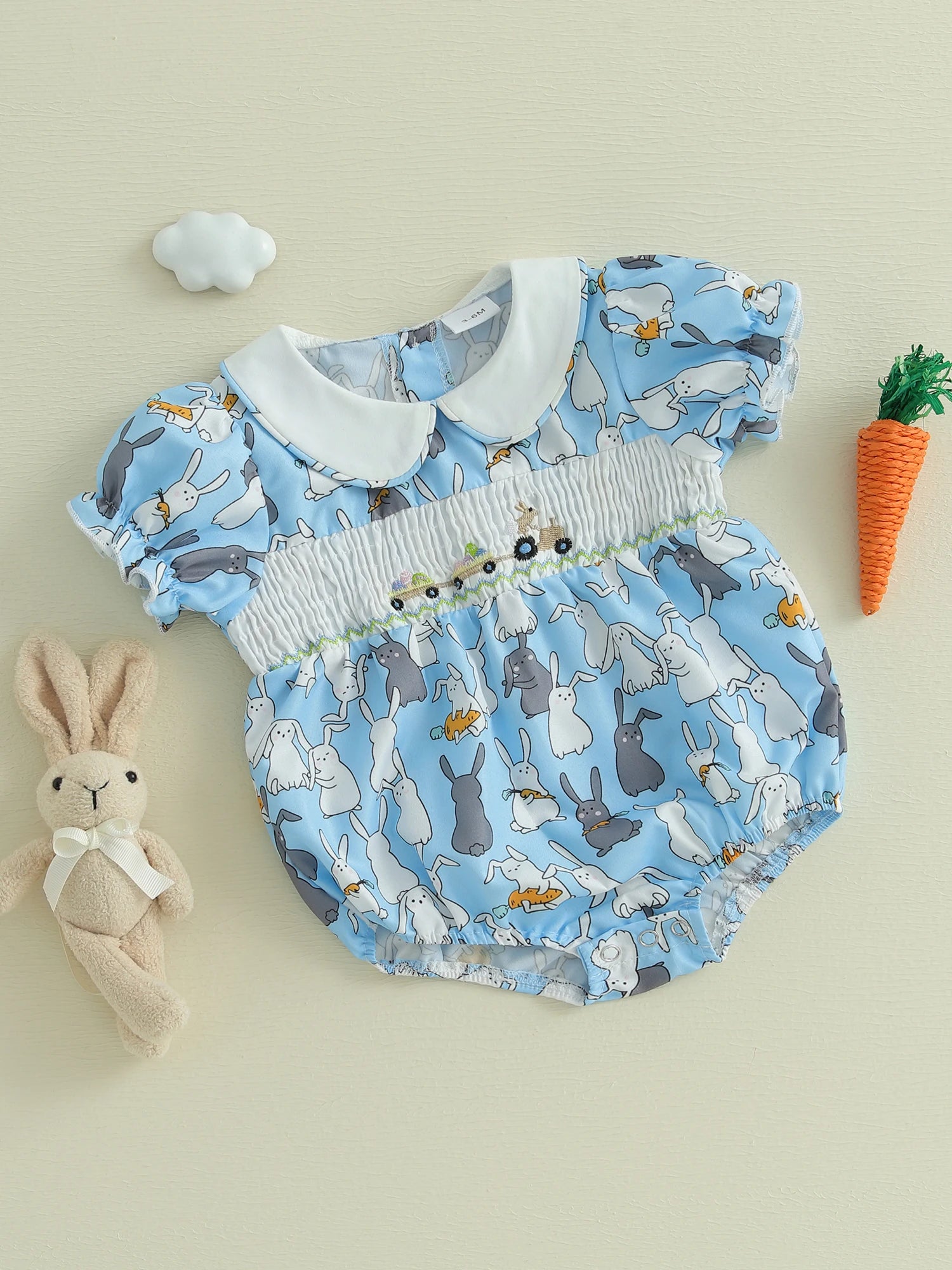 Toddler Girls Floral Print Ruffle Sleeve Rompers Easter Outfit Bunny Ear Headband Set Summer Jumpsuits Playsuits