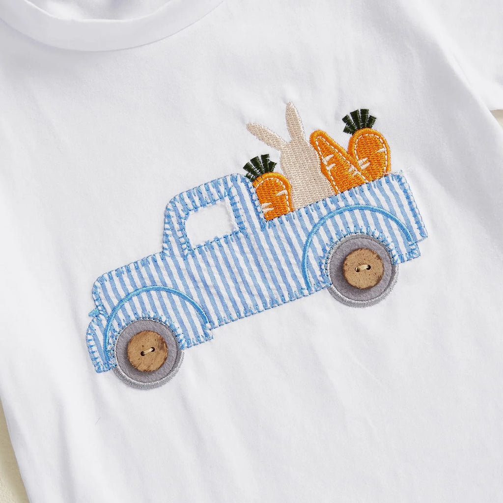 Toddler Baby Boys Easter Outfits Bunny Embroidery Short Sleeves T-Shirt and Elastic Carrot Stripe Shorts Set for Summer Clothes