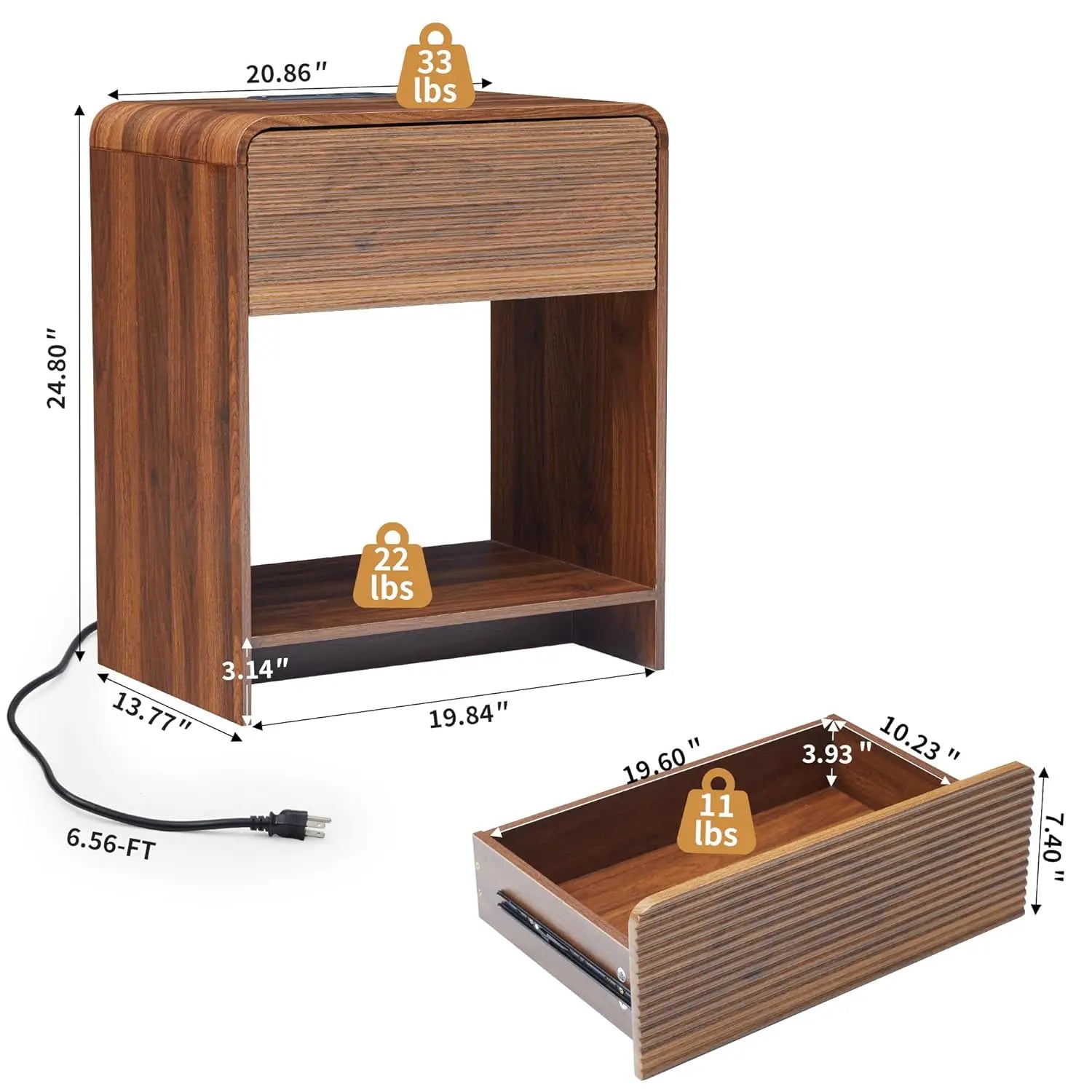 Fluted Nightstand Set of 2 with Charging Station, Modern Bed Side Table End Table with Drawer Storage, Large Wooden, Customized