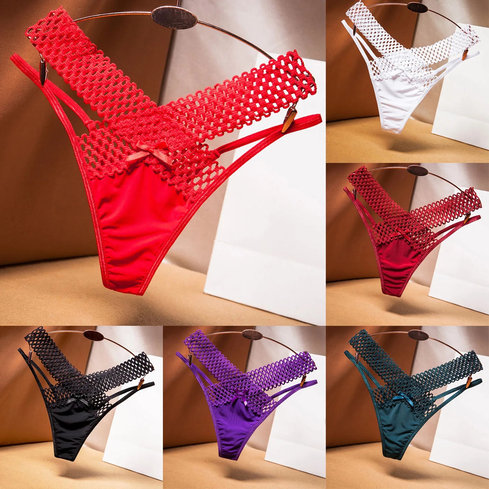 Fashion Low Waist Hollow Out Thongs French Style Bowknot Satin Silk Panties Solid Color Underwear Women Mesh Briefs Daily