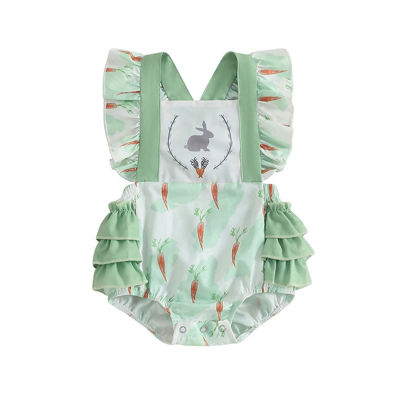 Adorable Infant Easter Jumpsuit with Cute Bunny and Carrot Print Sleeveless Ruffle Square Neck Baby Girl Outfit for Newborns