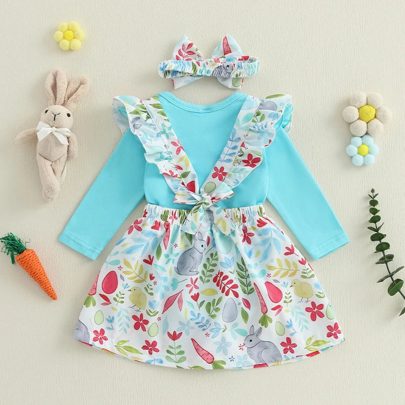 Adorable Infant Easter Ensemble with Bunny Print Suspender Skirt Solid Romper and Matching Headband - 3-Piece Set for Baby