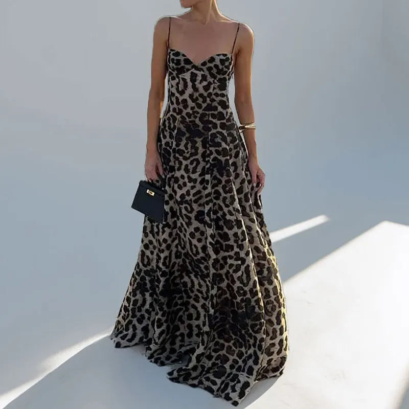 VEITCHE Summer Vintage Lepord Print Sling Dress Women Suspender Sleeveless Backless High Waist Long Dress Lady Maxi Robe