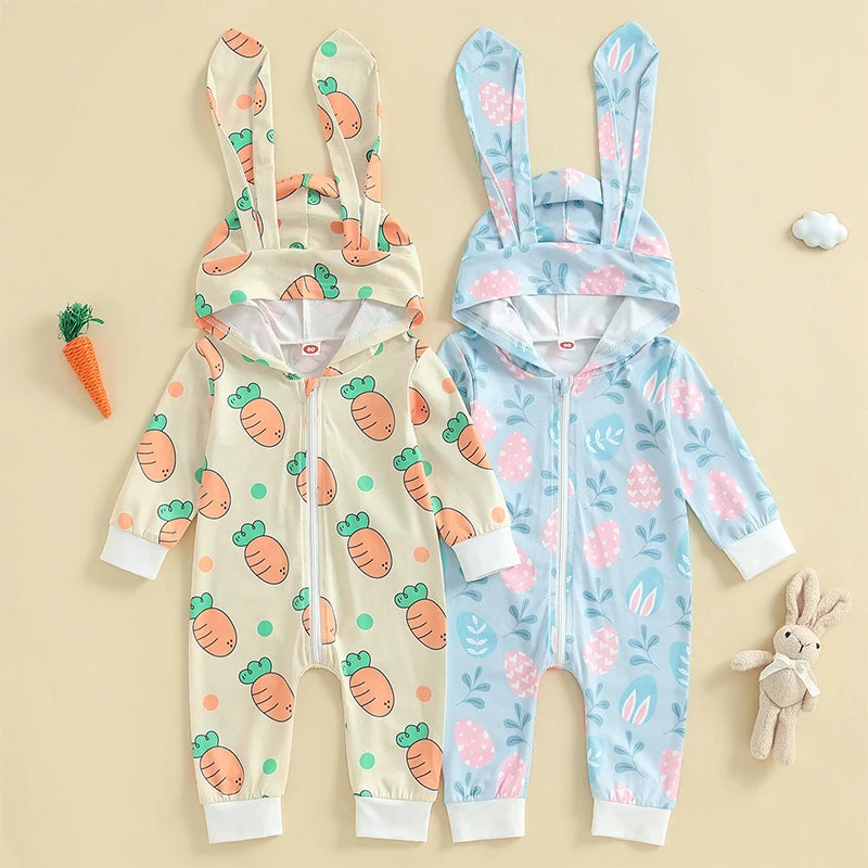 Easter Bunny Print Cotton Blend Long Sleeve Rompers for Infant Boys and Girls Hooded Spring Bodysuits with Cute Rabbit Design