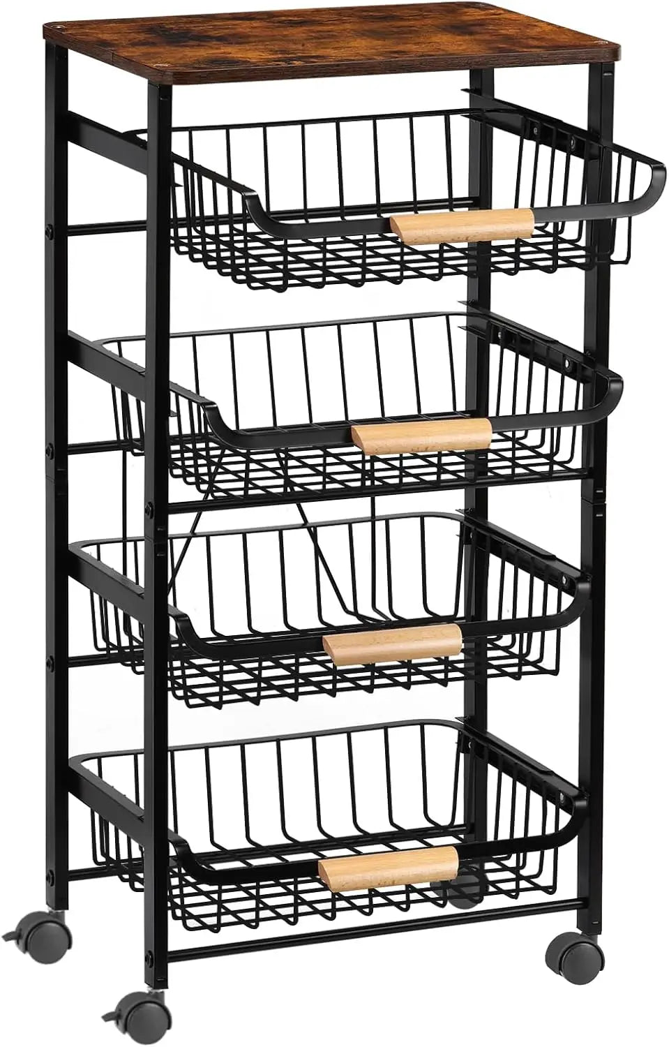 5-Tier Rolling Kitchen Cart with Wooden Top, Metal Mesh Baskets for Fruit Vegetable Storage, Easy Move Wheels