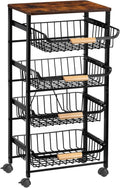 5-Tier Rolling Kitchen Cart with Wooden Top, Metal Mesh Baskets for Fruit Vegetable Storage, Easy Move Wheels