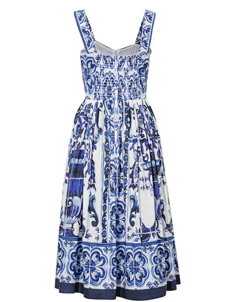 JAMERARY Summer Blue And White Porcelain Flower Printing Floral Long Dress Women Straps Zipper Elastic Backless Midi Vestidos