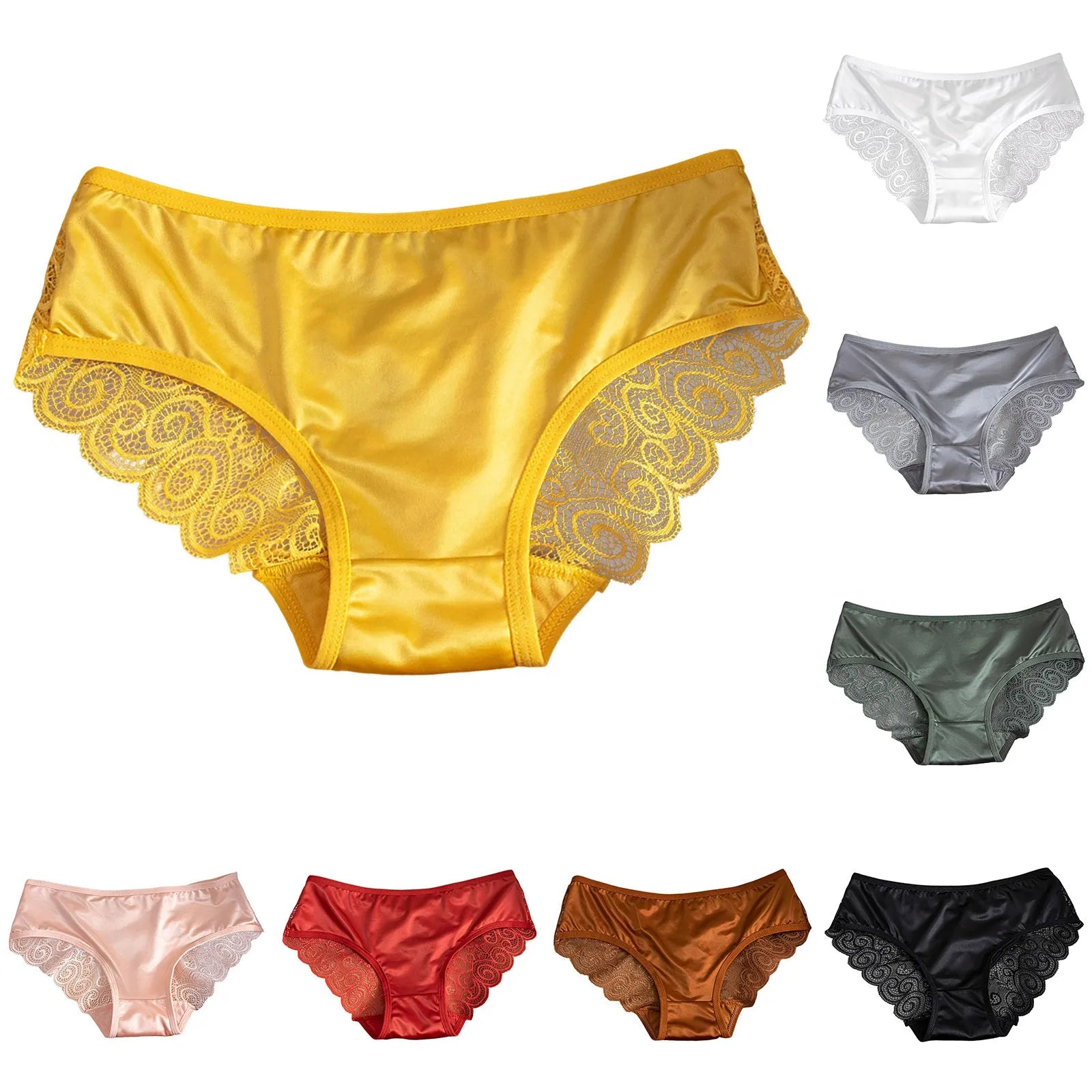 Yellow Women's Panties Silk Satin Underwear Lace Sexy Lingerie Breathable Mid Waist Female Briefs Comfortable Panty Underpants