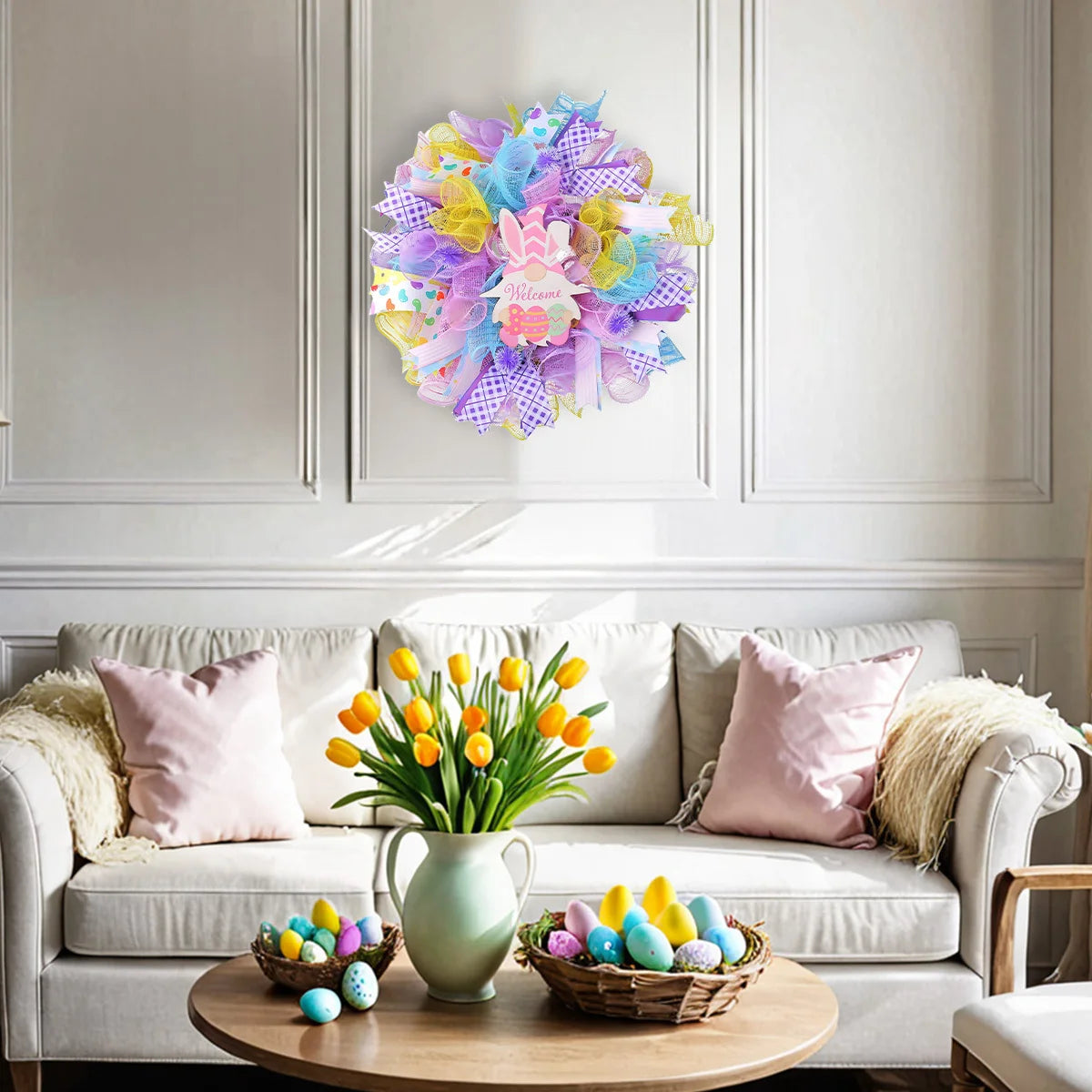 Easter Dwarf Rabbit Mesh Wreath, 15.7in Artificial Easter Gnome Door Hanging Wreath, Colorful Easter Bunny Welcome