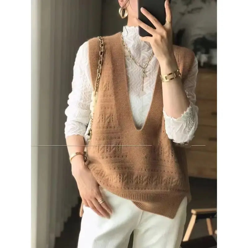 V-Neck Hollowed Out 100% Wool Knitted Vest For Women In AutumnWinter Loose Solid Color Korean Fashion Pullover Sweater Vest Top