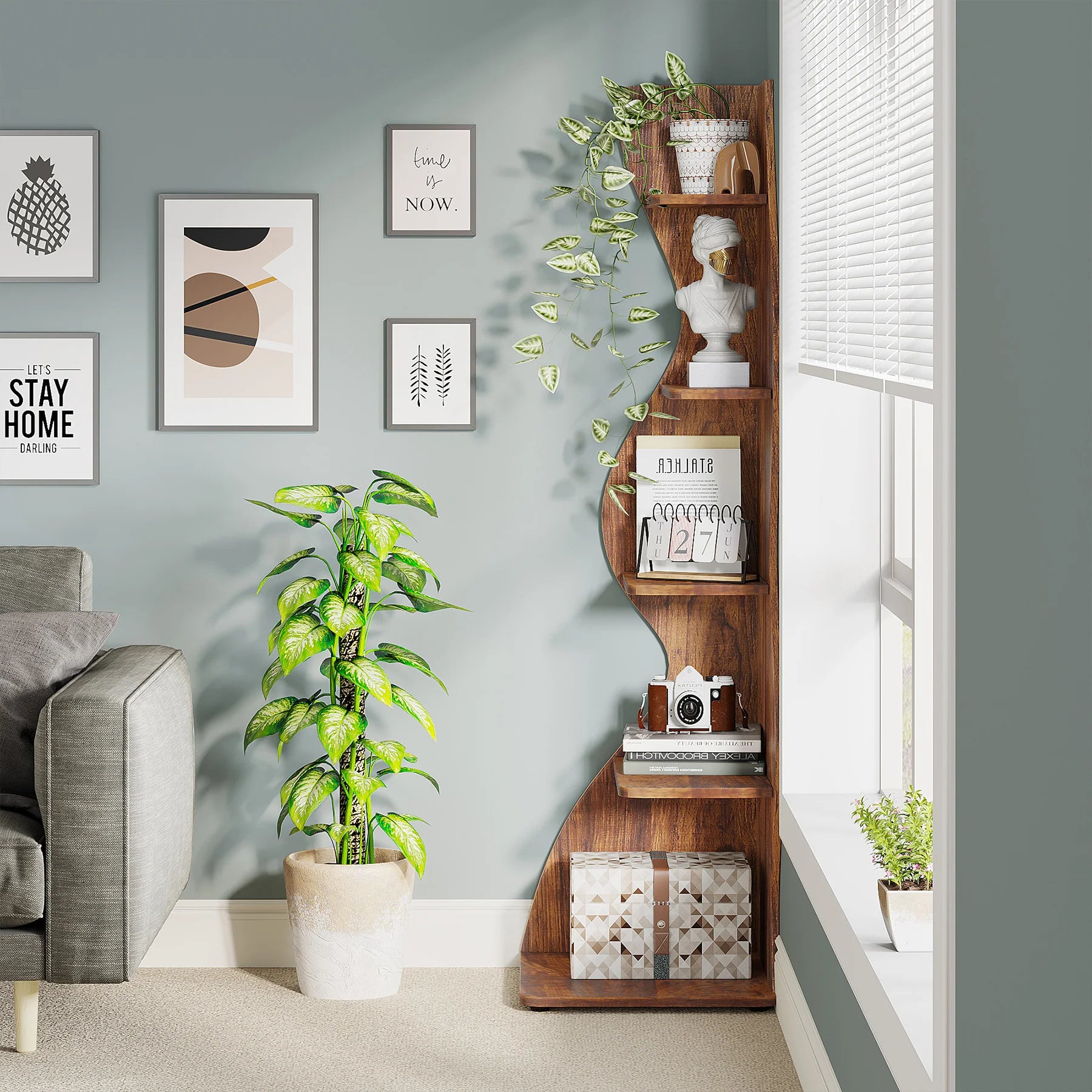 Tribesigns Corner Shelf, Modern 5-Tier Wall Corner Bookshelf, Stylish Corner Small Bookcase Storage Rack Plant Stand