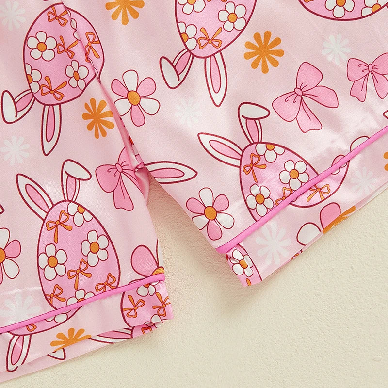 Adorable Toddler Girl Easter Pajamas Set with Egg and Floral Print Short Sleeve Lapel Tops and Elastic Waist Shorts Sleepwear