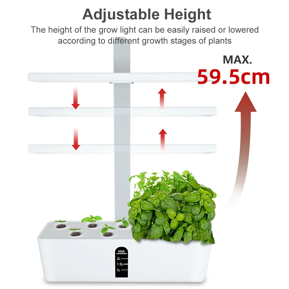 Smart Hydroponics Growing System Kit Automatic Timing with Height Adjustable 15W LED Grow Lights 2L Water Tank for Indoor Garden